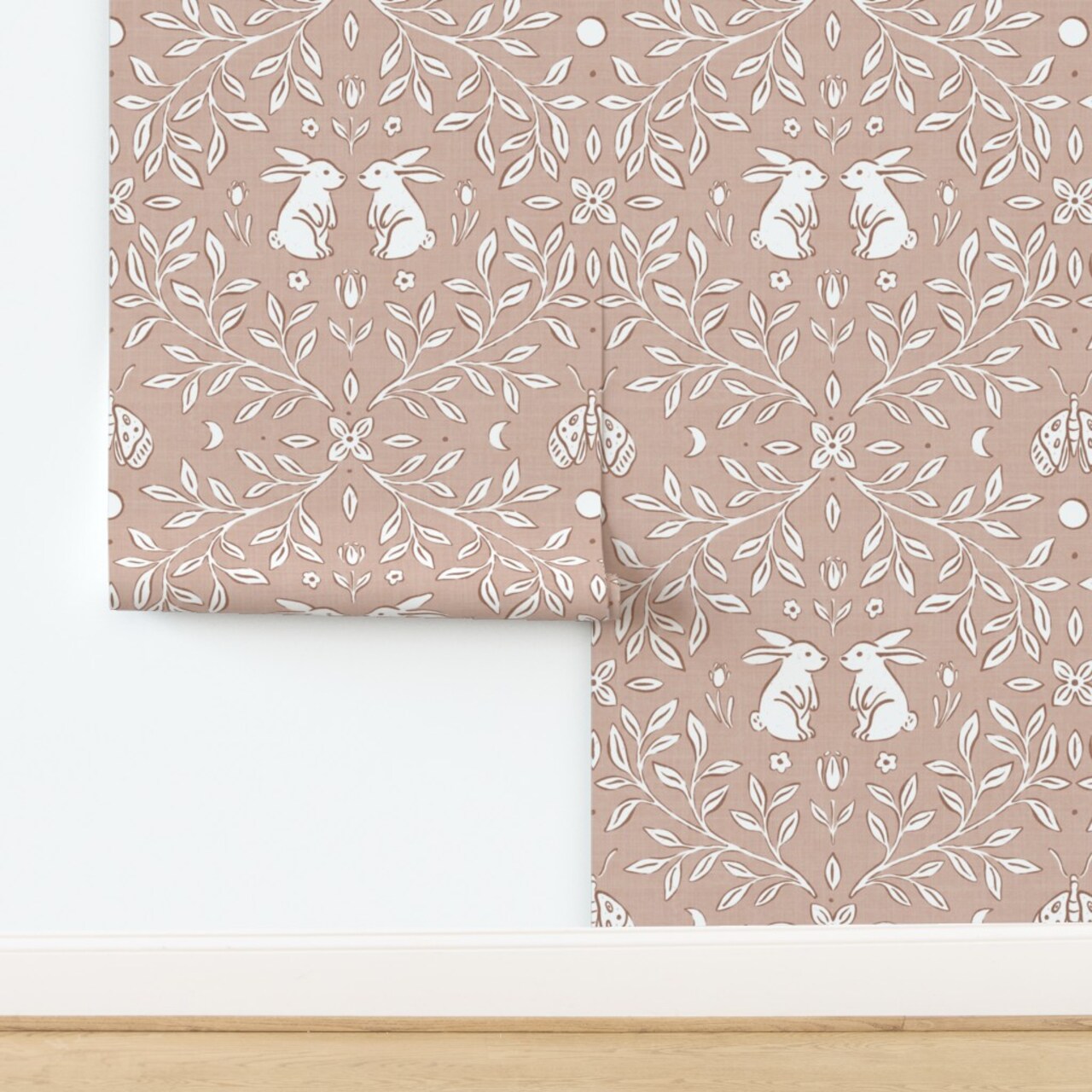 Cottagecore Whimsical Leaves Botanical Bunnies Rabbits Woodland Animals Floral Rustic Farmhouse Baby Nursery Pink Blush Faux Texture Hand Drawn Custom Removable Wallpaper by Spoonflower Peel & Stick Wallpaper 2FT Wide